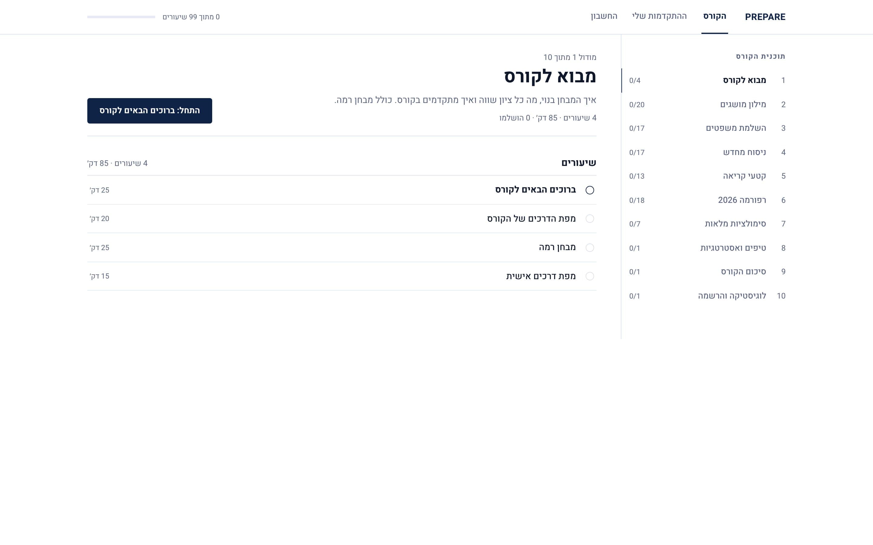 תוכנית הקורס עם רשימת המודולים וההתקדמות בכל אחד
